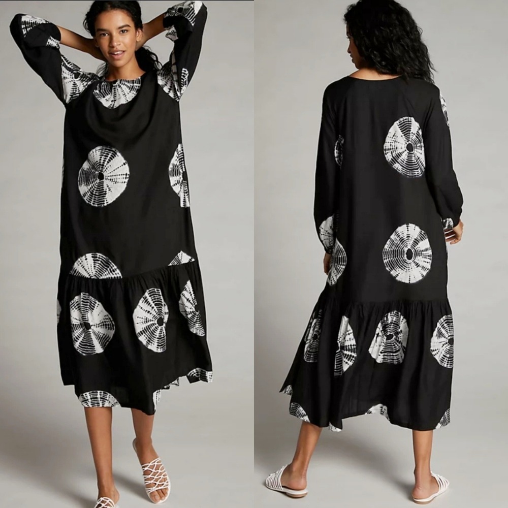 NORBLACK NORWHITE Ayana Maxi Tie Dye Dress Sz S Black White Ruffle Anthropologie